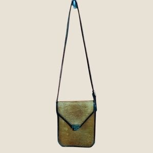 Greg Roche~ Leather Reptile Print Messenger Handbag Carmel/Black Gold Hardware